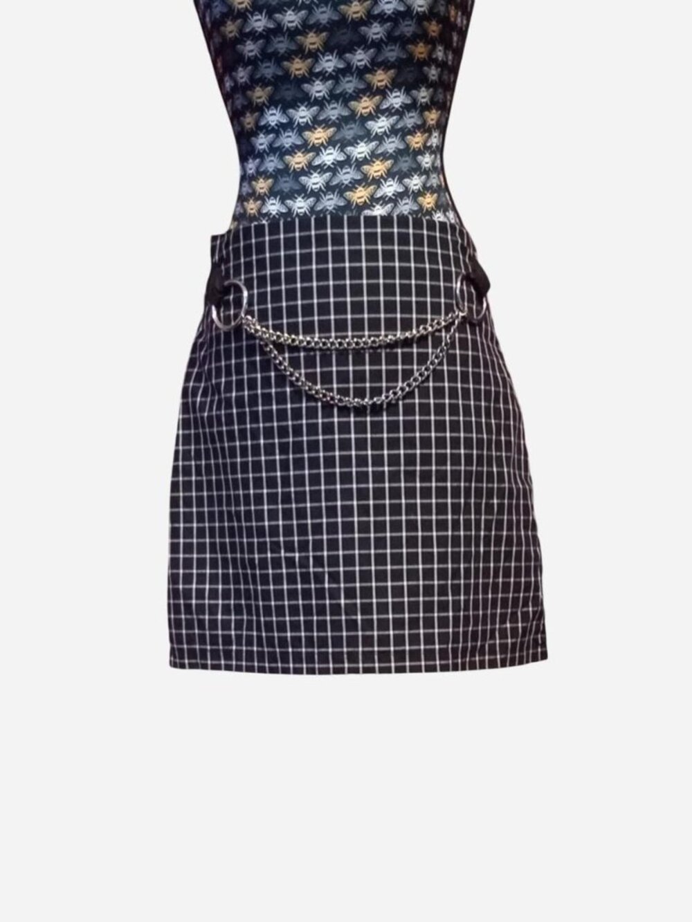 The Ragged Priest square print skirt with chain "belt" in front